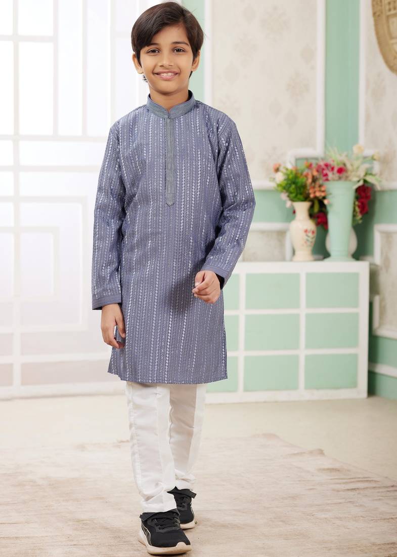 Blue embroidery art silk  kurta set for boys
