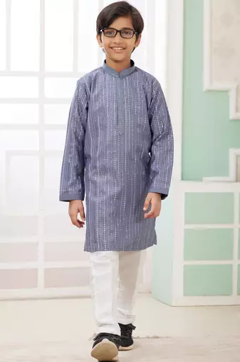 Blue embroidery art silk   kurta set for boys