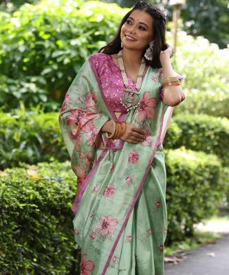 Pista floral printed tussar silk blend ethnic girlie saree 3