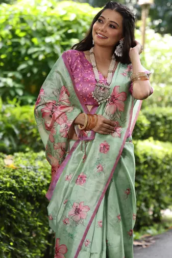Pista floral printed tussar silk blend ethnic girlie saree