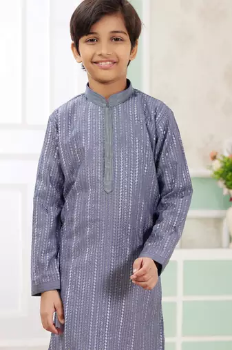 Blue embroidery art silk   kurta set for boys