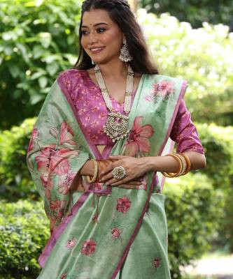 Pista floral printed tussar silk blend ethnic girlie saree 4
