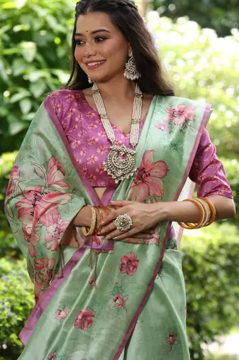 Pista floral printed tussar silk blend ethnic girlie saree