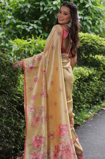 Yellow floral printed tussar silk blend ethnic girlie saree