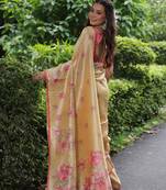 Yellow floral printed tussar silk blend ethnic girlie saree