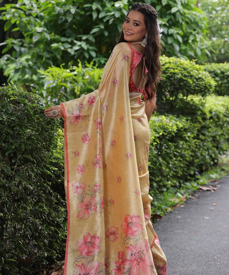 Yellow floral printed tussar silk blend ethnic girlie saree