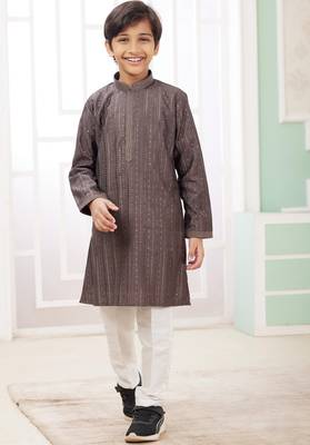 Brown embroidery art silk   kurta set for boys 1