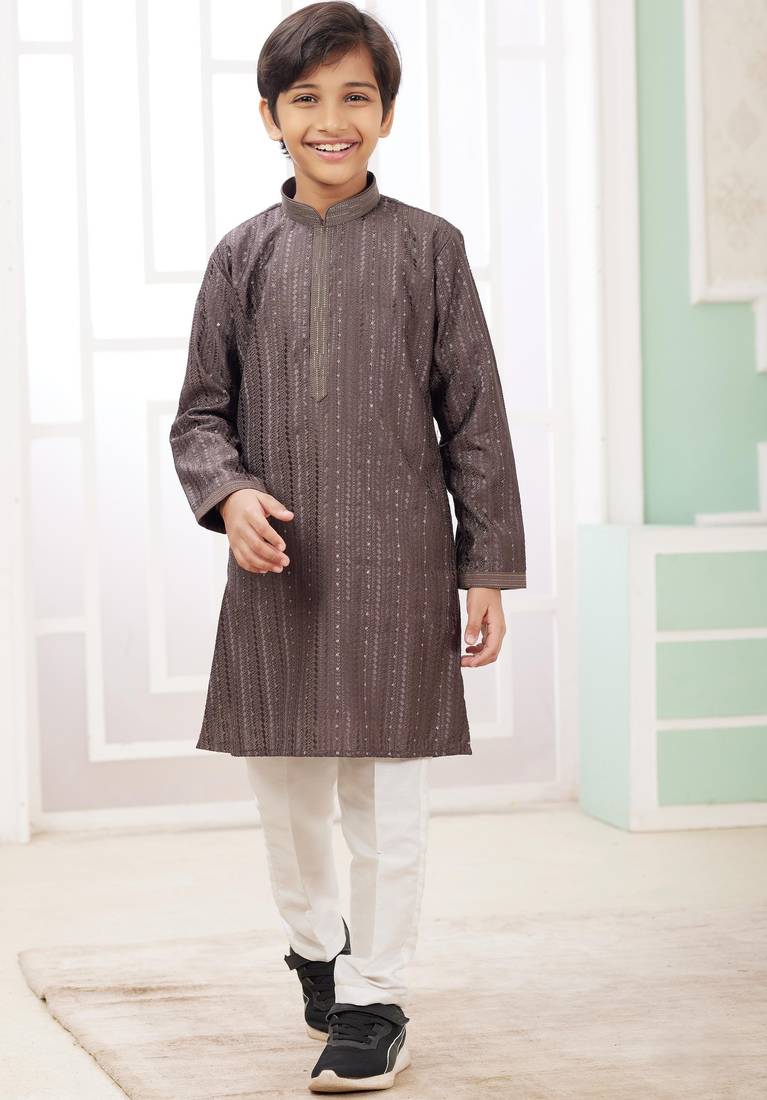 Brown embroidery art silk  kurta set for boys
