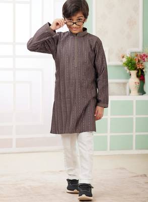 Brown embroidery art silk   kurta set for boys 2
