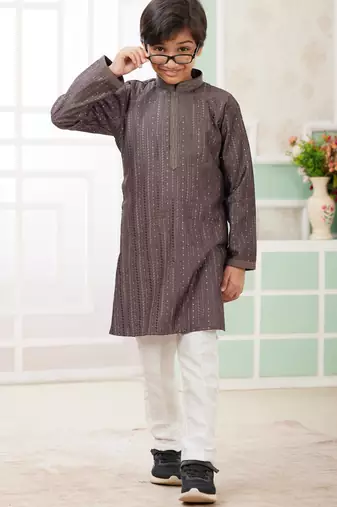 Brown embroidery art silk   kurta set for boys