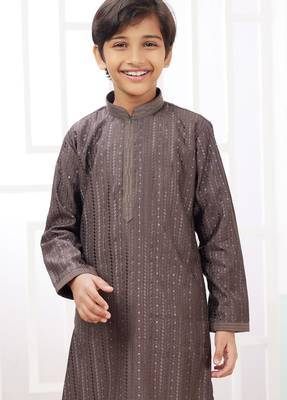 Brown embroidery art silk   kurta set for boys 3