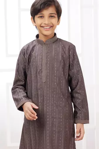 Brown embroidery art silk   kurta set for boys