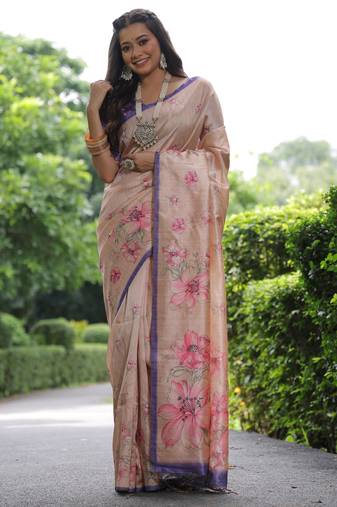 Beige floral printed tussar silk blend ethnic girlie saree