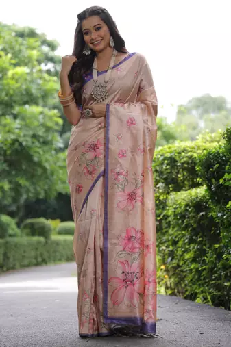 Beige floral printed tussar silk blend ethnic girlie saree
