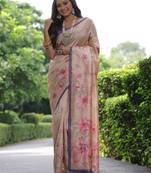 Beige floral printed tussar silk blend ethnic girlie saree
