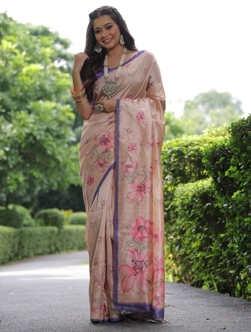 Beige floral printed tussar silk blend ethnic girlie saree