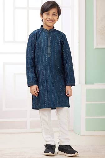 Green embroidery art silk  kurta set for boys