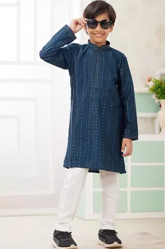 Green embroidery art silk   kurta set for boys