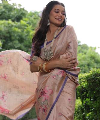 Beige floral printed tussar silk blend ethnic girlie saree 4