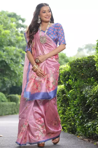 Pink floral printed tussar silk blend ethnic girlie saree
