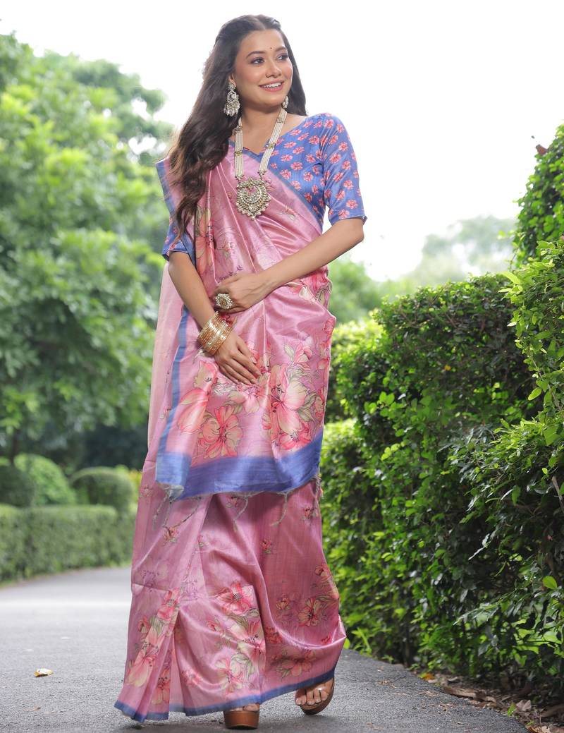 Pink floral printed tussar silk blend ethnic girlie saree
