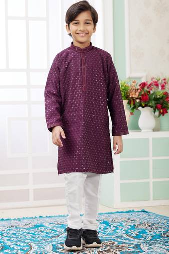 Purple embroidery art silk  kurta set for boys