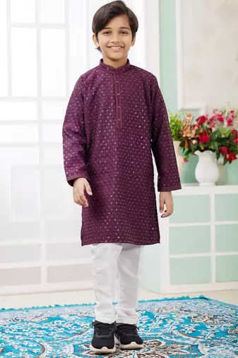 Purple embroidery art silk   kurta set for boys