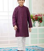 Purple embroidery art silk  kurta set for boys