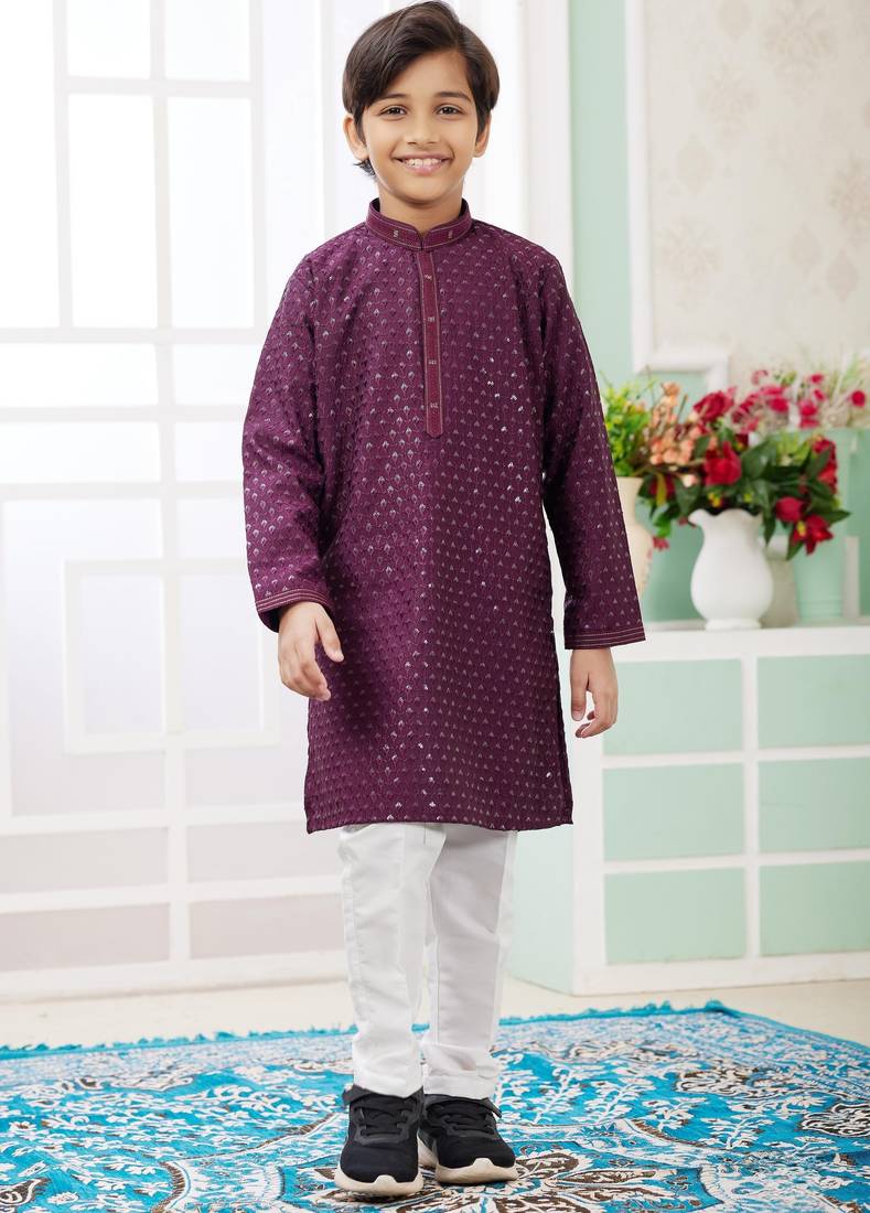 Purple embroidery art silk  kurta set for boys