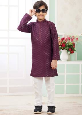 Purple embroidery art silk   kurta set for boys 2