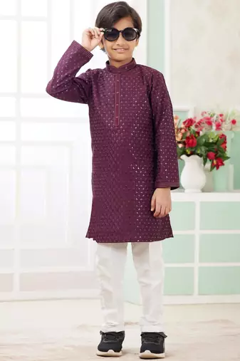 Purple embroidery art silk   kurta set for boys