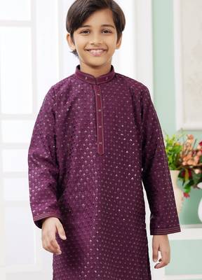 Purple embroidery art silk   kurta set for boys 3