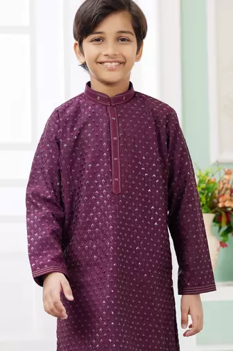 Purple embroidery art silk   kurta set for boys