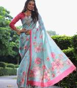 Sky blue floral printed tussar silk blend ethnic girlie saree