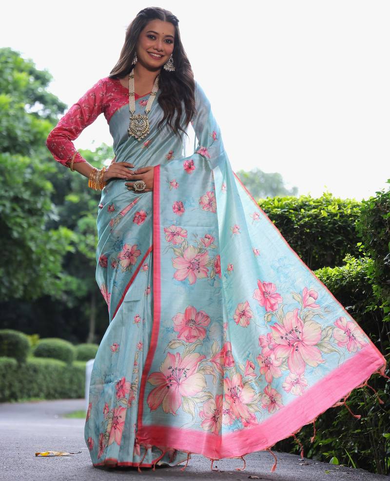Sky blue floral printed tussar silk blend ethnic girlie saree