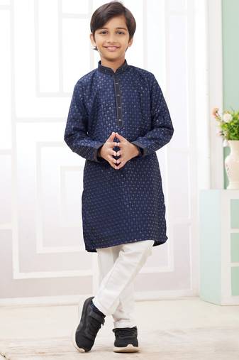 Blue embroidery art silk  kurta set for boys