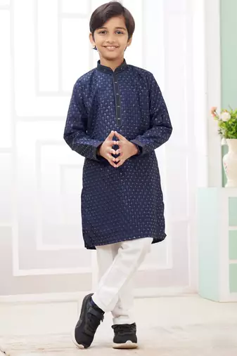 Blue embroidery art silk   kurta set for boys