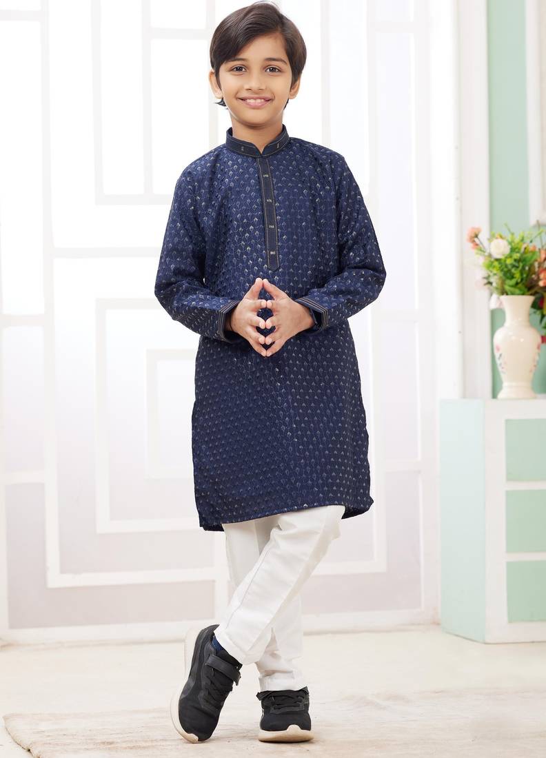Blue embroidery art silk  kurta set for boys