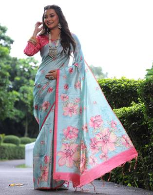Sky blue floral printed tussar silk blend ethnic girlie saree 2