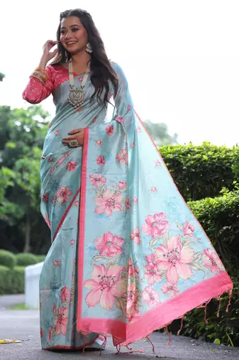 Sky blue floral printed tussar silk blend ethnic girlie saree