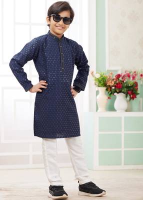 Blue embroidery art silk   kurta set for boys 2
