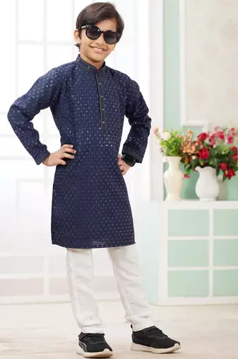 Blue embroidery art silk   kurta set for boys