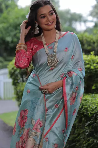 Sky blue floral printed tussar silk blend ethnic girlie saree