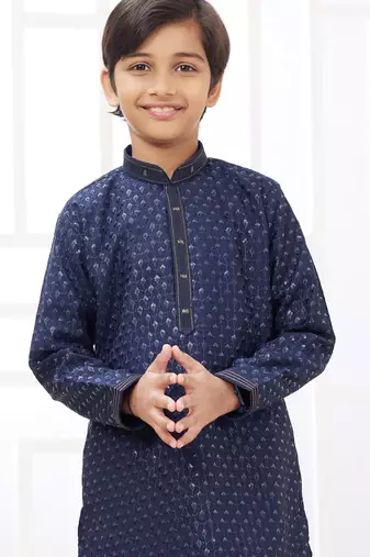 Blue embroidery art silk   kurta set for boys
