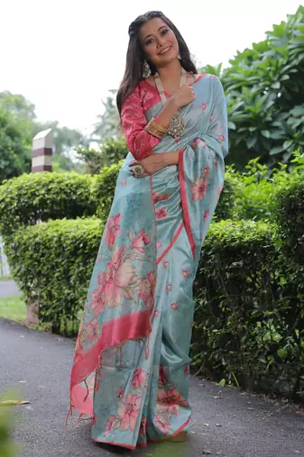 Sky blue floral printed tussar silk blend ethnic girlie saree
