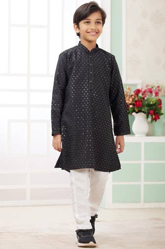 Black embroidery art silk   kurta set for boys