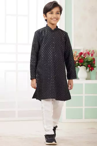 Black embroidery art silk   kurta set for boys