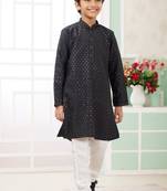 Black embroidery art silk  kurta set for boys