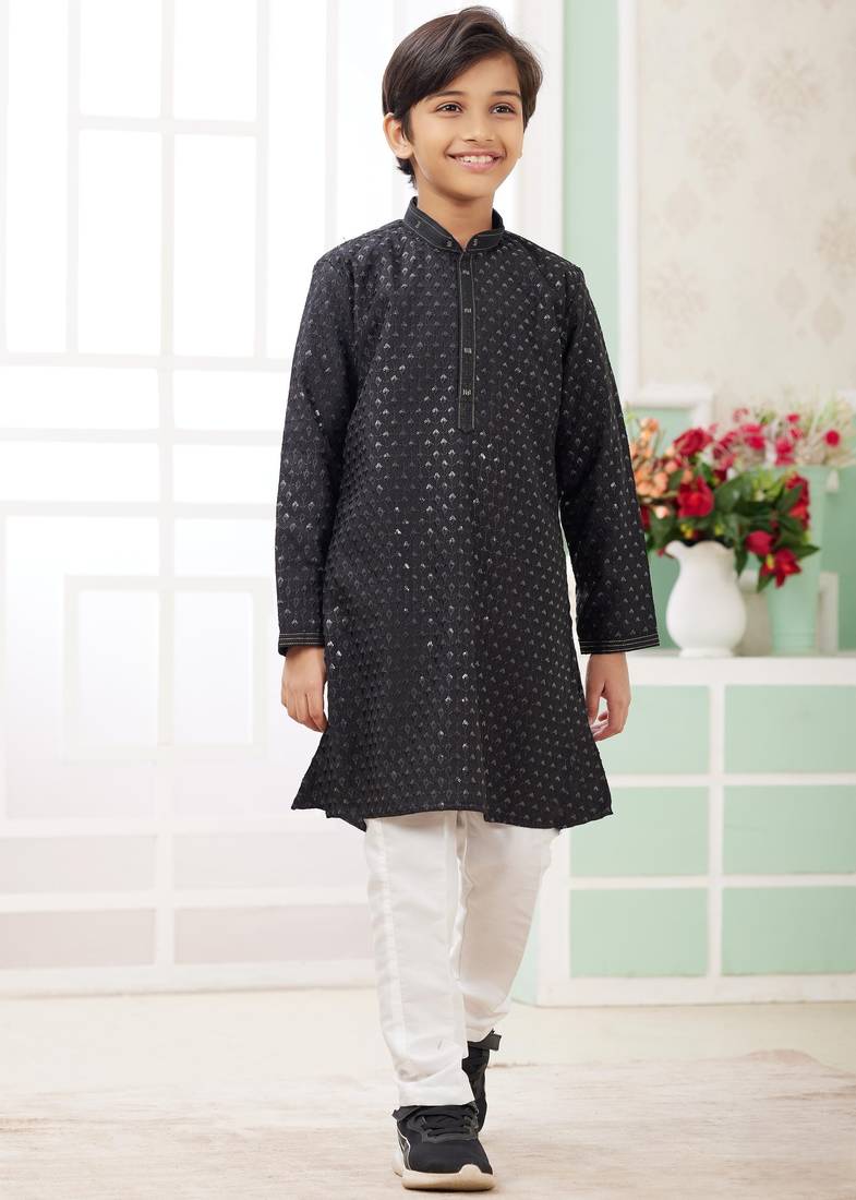 Black embroidery art silk  kurta set for boys
