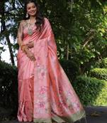 Peach floral printed tussar silk blend ethnic girlie saree